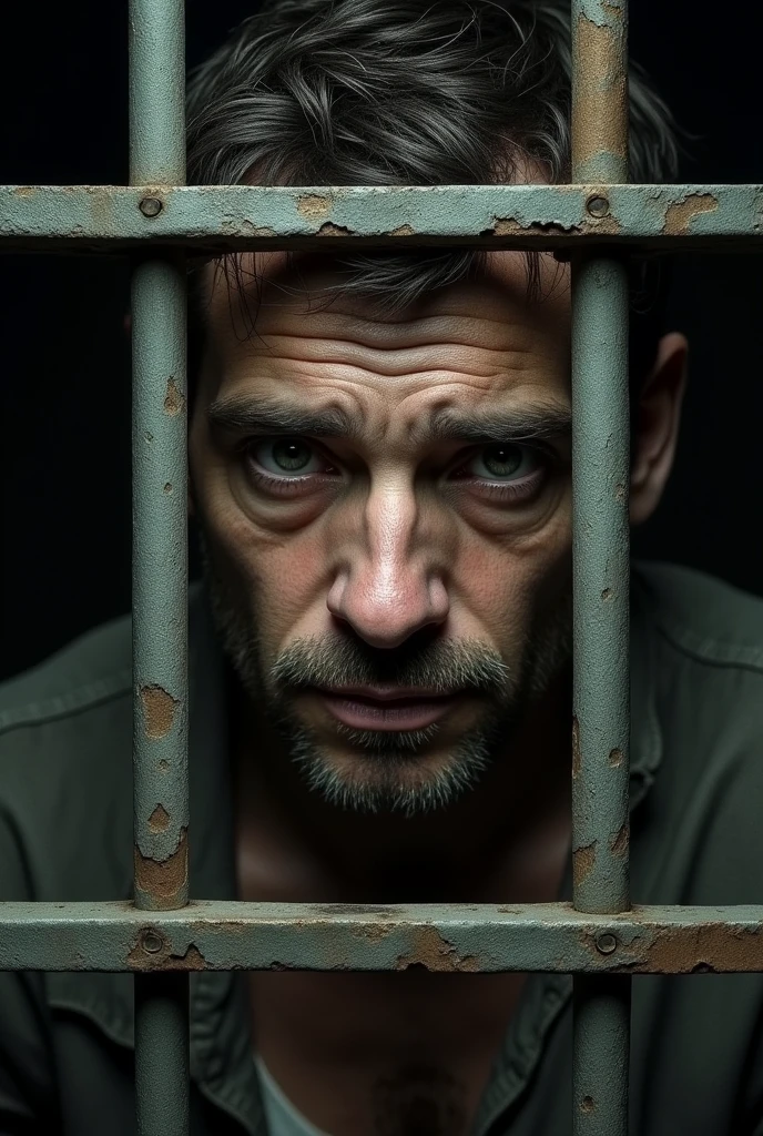 Make a book cover with a prison barred window with a male face behind it