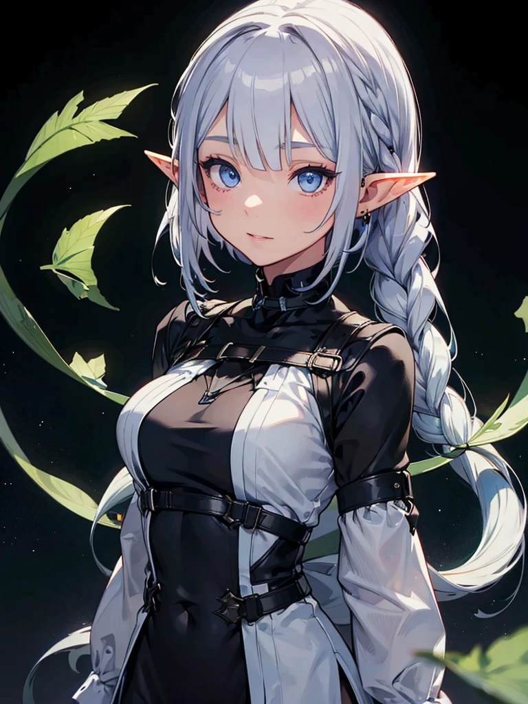 whole body、Black background with spotlight, Long eyelashes, beautiful girl,　Pointed Ears、Elf、Silver Hair、blue eyes、Braided shorthair、Green clothing