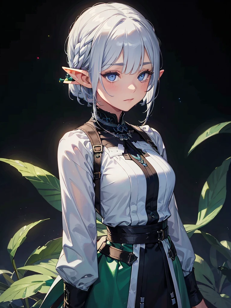 whole body、Black background with spotlight, Long eyelashes, beautiful girl, Pointed Ears、Elf、Silver Hair、blue eyes、Braided shorthair、Green clothing