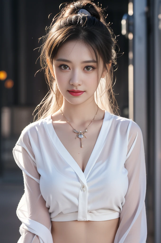 1 beautiful girl in Hanfu, ((very thin and soft white silk shirt)), platinum purple long ponytail, Jewelry, ear jewelry, necklace and necklace, carefully painted purple big eyes, carefully made up, thin eyebrows, high nose, beautiful red lips, no smile, pursed lips, rosy cheeks, wide chest, big breasts, well-proportioned breasts, slim waist, well-proportioned buttocks, black fishnet stockings, Chinese Hanfu style, fictional art pattern, full of bright and realistic colors, RAW photo, realistic photo, 8k ultra-high quality surreal photo, (magic light effect effect: 1.8), 10x pixels, magic effect (Background): 1.8), super detailed eyes, full body portrait of the girl, standing in the rain, wet clothes hugging the body, revealing beautiful curves, dynamic posture, 1 Girl, Beautiful, Baby Face, 20 Years Old, White Skin, Pose, Big Breast, (The Front of The Blouse is Open:1.3), Grey Eye, Muscles:1.3, Outdoor, Bokeh:1.1, Drill Hair, Tied Hair, ((Coloured Hair)), Open Mouth, (top quality、8k、masterpiece:1.3))、30-year-old Korean woman，sharp focus, High level of image quality, high resolution，facial focus，Portrait ID photo，Upper body photo。Draw lips correctly, red lipstick，wear white shirt，red bow tie，Green suit。wavy long hair，hair tied up，ponytail，Mature，charming smile，Pink warm color background，solid color background, masterpiece,best quality,high resolution,8k，Focus on the thighs and above,RAW photos,digital photography,(Sci-fi style female family),20 year old girl,Long ponytail hairstyle,through bangs,(purple eyes),(white hair),plump breasts,felling,Elegant and noble,Serious and indifferent,Open white coat,Black camisole bra,Rich details​,shut your mouth,show your belly button,intricate ornaments,Cyberpunk futuristic style,(female scholar),photo poses,White background,oc render reflection texture