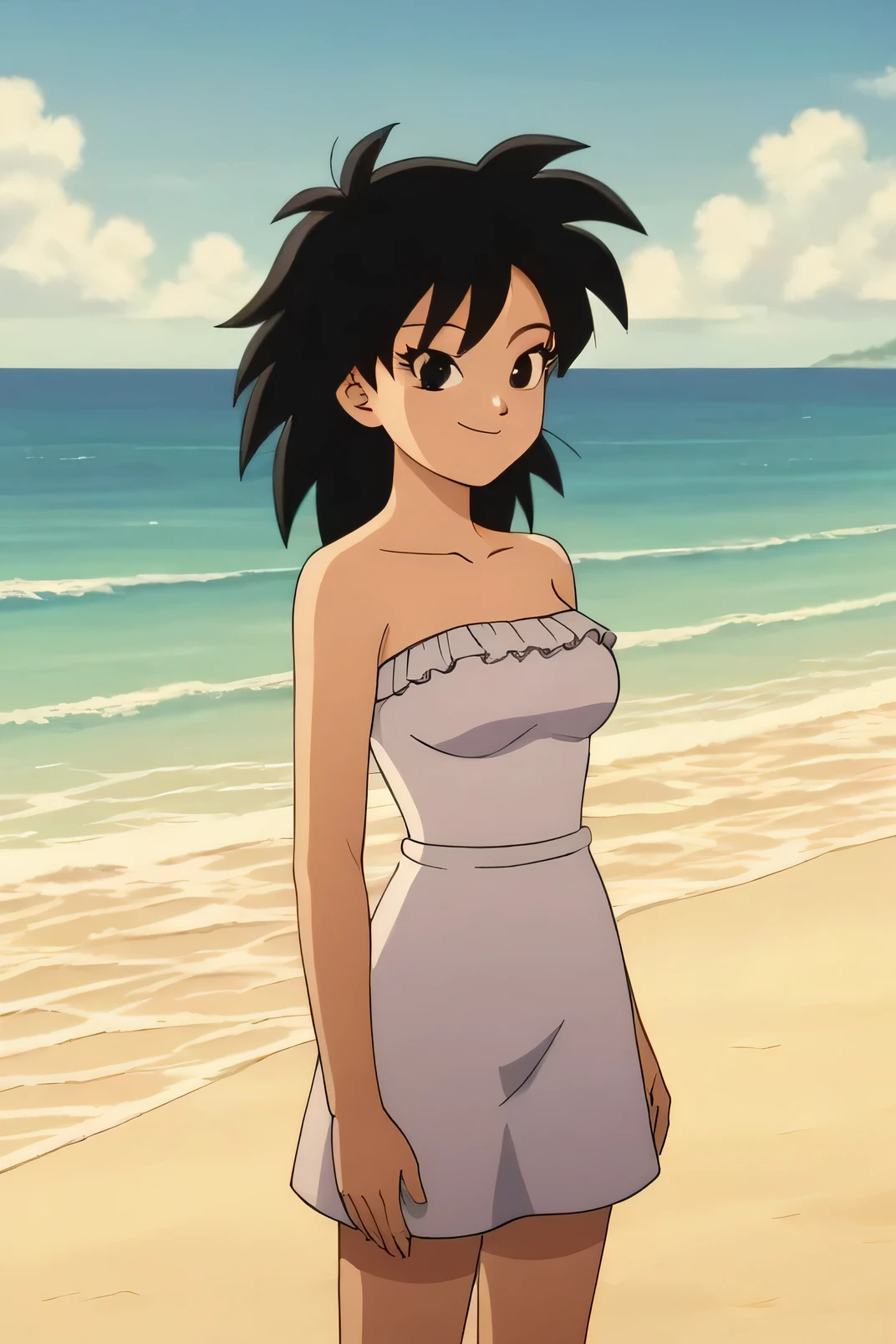 source_anime, score_9,score_8_up, score_7_up, ginedb, anime screencap, 1girl, solo, looking at viewer, smile, medium breasts, black hair, beach, ocean, bare shoulders, small breast, smile, standing, cowboy shot, medium hair, black eyes, spiked hair, eyelashes, masterpiece, best quality, very aesthetic, absurdres, strapless, white dress, white ruffle off the shoulder top, white maxi skirt, blue skies, street, standing, cowboy shot,