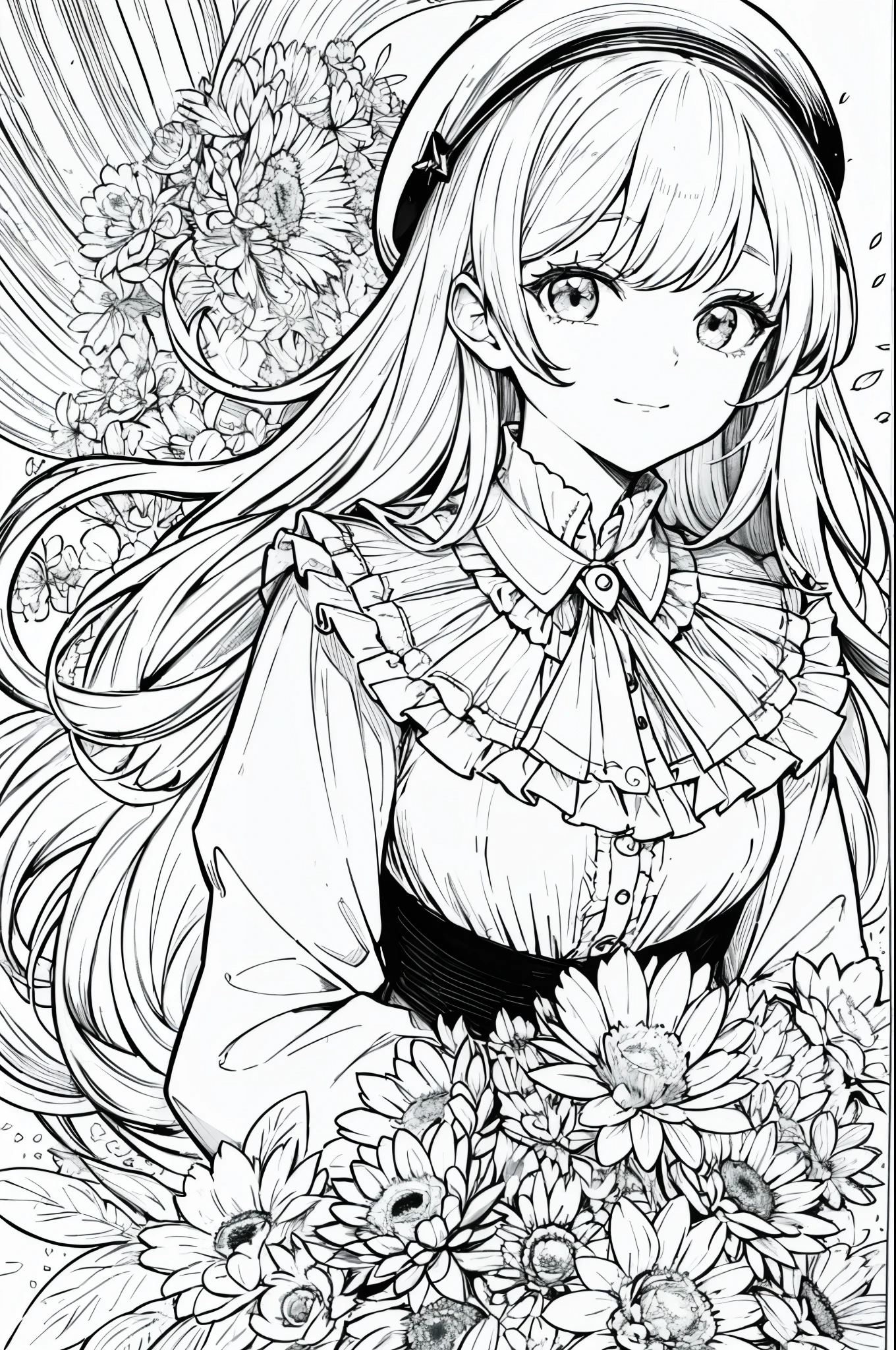 (Black and white coloring book: 1.5), Line art, Masterpiece, Top quality, Super detailed, High resolution, Highly detailed face, ​masterpiece, best qualityer, 1 girl swinging on a swing, standing alone, Longhaire, Looking at Viewer, sorrido, bangss, overskirt, chemise, long sleeves, hat, don, 弓, participation, cloused mouth, flowers, volantes, flowers do cabelo, Petals, flower bouquet, Fixing flower, Central Flywheels, Hood, flower fixing bouquet, fild, flowers, fild, arte linear, monocromatic, Highly detailed crisp black line art, ((Simple white)), fibonacci