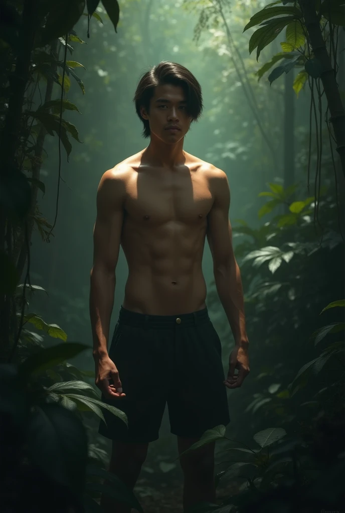 an Indonesian man, age 20th, handsome face, clean, fair skin,short bob haircut. naked without wearing clothes and underwear, big penis. Standing in the dark forest. 