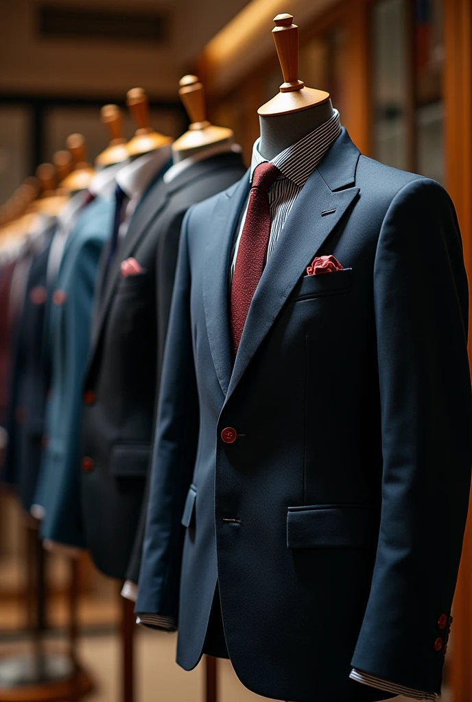 Tailor-made suits**: Photographs of different styles of suits showing the variety of cuts, fabrics and colors that can be found in the tailor shop. Includes details such as custom buttons and high-quality finishes.