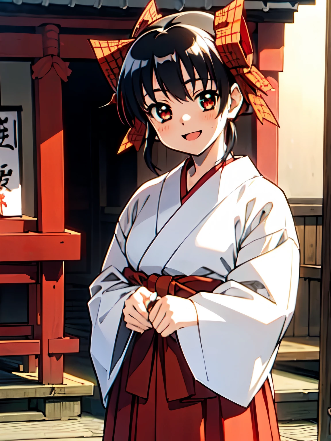 (((narusawa))), girl, alone, (Shrine maiden), (White kimono), ((Red Hakama Skirt)), (Long skirt), smile, Open your mouth