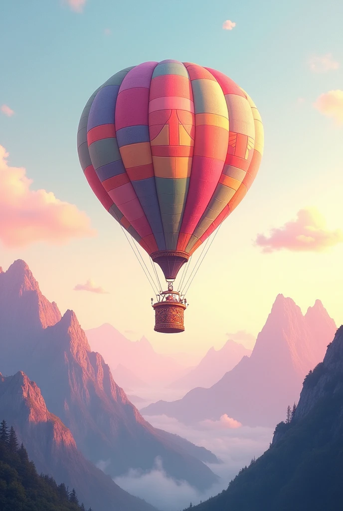 Hot air balloon drawing with pastel mountain
