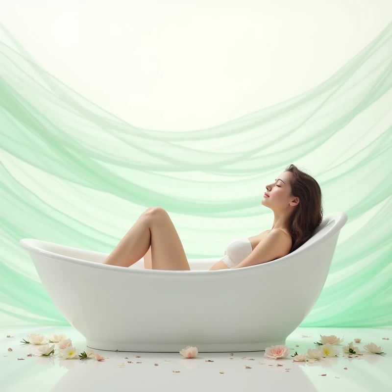  White background，The silky lines of the work part are light green，The lower part gradually turns light green，White bathtub with flower petals，European beauty relaxing in the bathtub