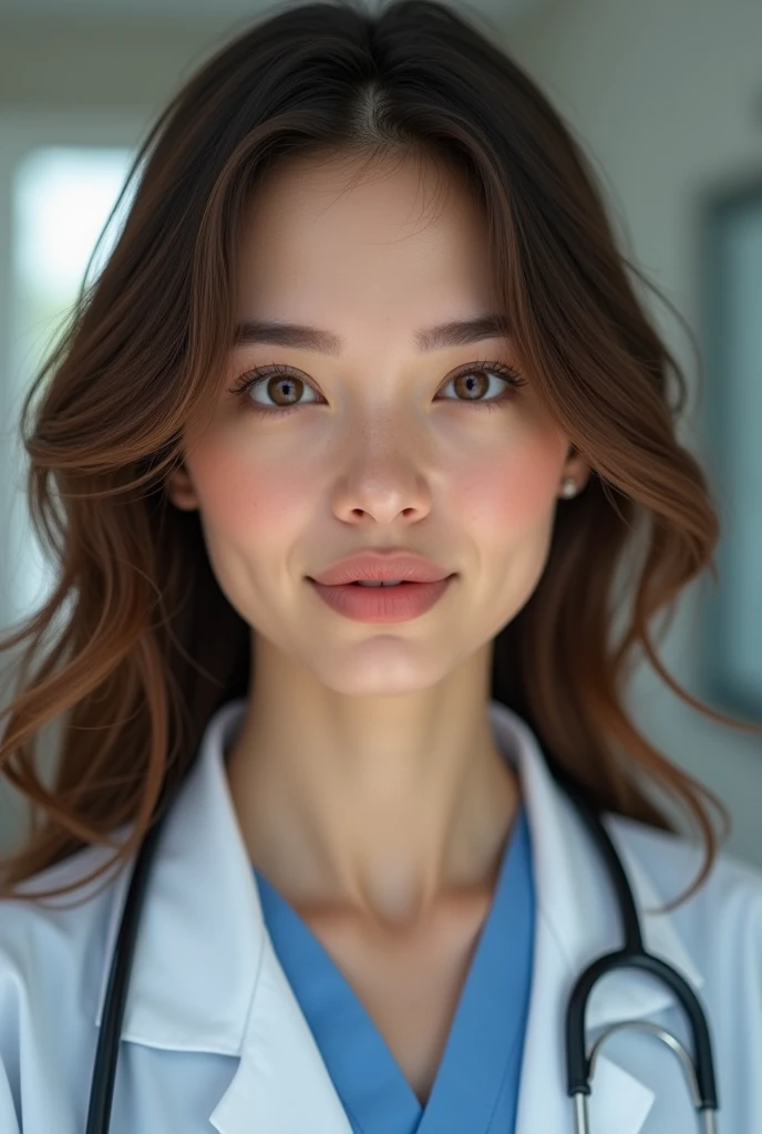 A female doctor with long brown curly hair, White skin, slanted brown eyes, big mouth, with a mole near the mouth 