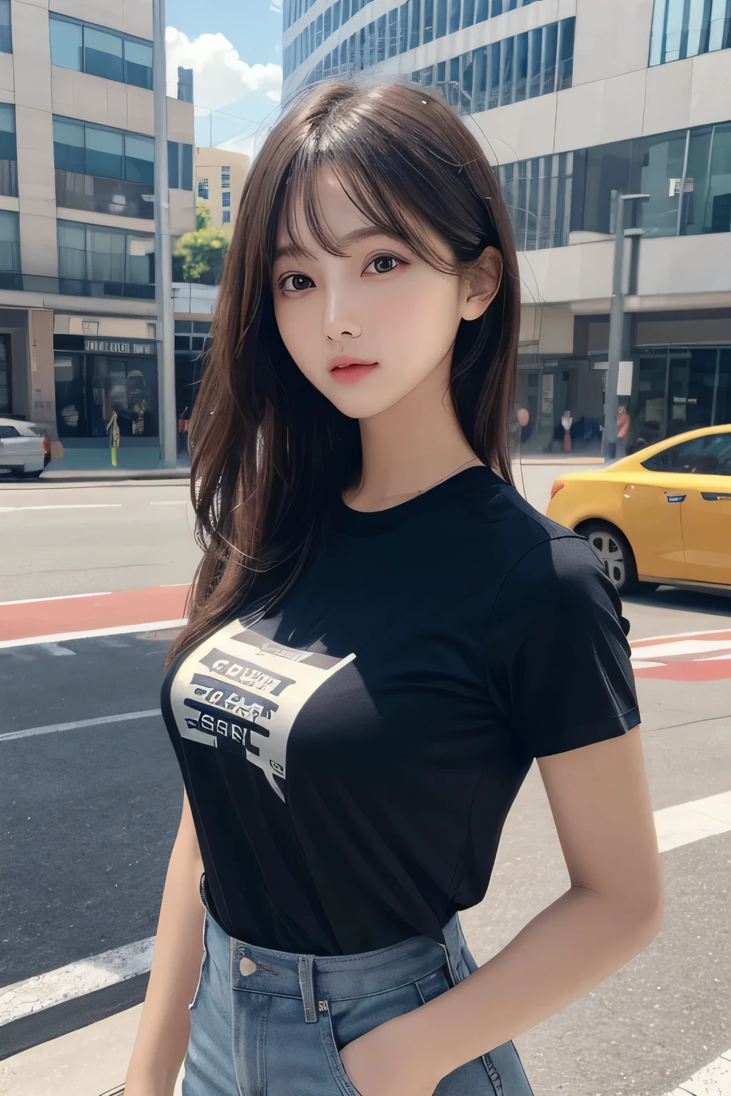 One girl, 1st,Highest quality,High resolution,超High resolution,8k,Realistic,Upper Body,encounter_Audience,Large Breasts, The body is slim,(t-shirt:1.2)
