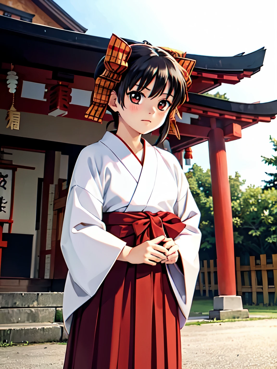 (((narusawa))), girl, alone, (Shrine maiden), (White kimono), ((Red Hakama Skirt)), (Long skirt)