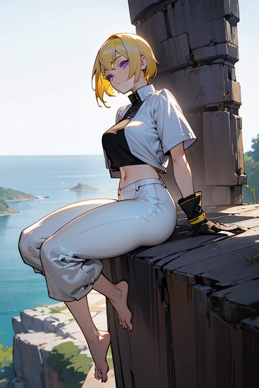 girl, corpo sexy, short yellow hair, purple eyes, eyebrows, white, with white wing on the back, with a very short training shirt with the belly showing, and black long pants, barefoot, giant breast, very big ass, wrist length training glove on hand, sitting on the cliff, with a straight face