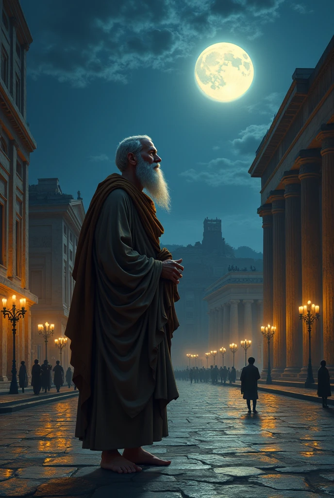 philosophe grec, antiquite qui regarde les etoiles, full moon, walking in the greek city athens
