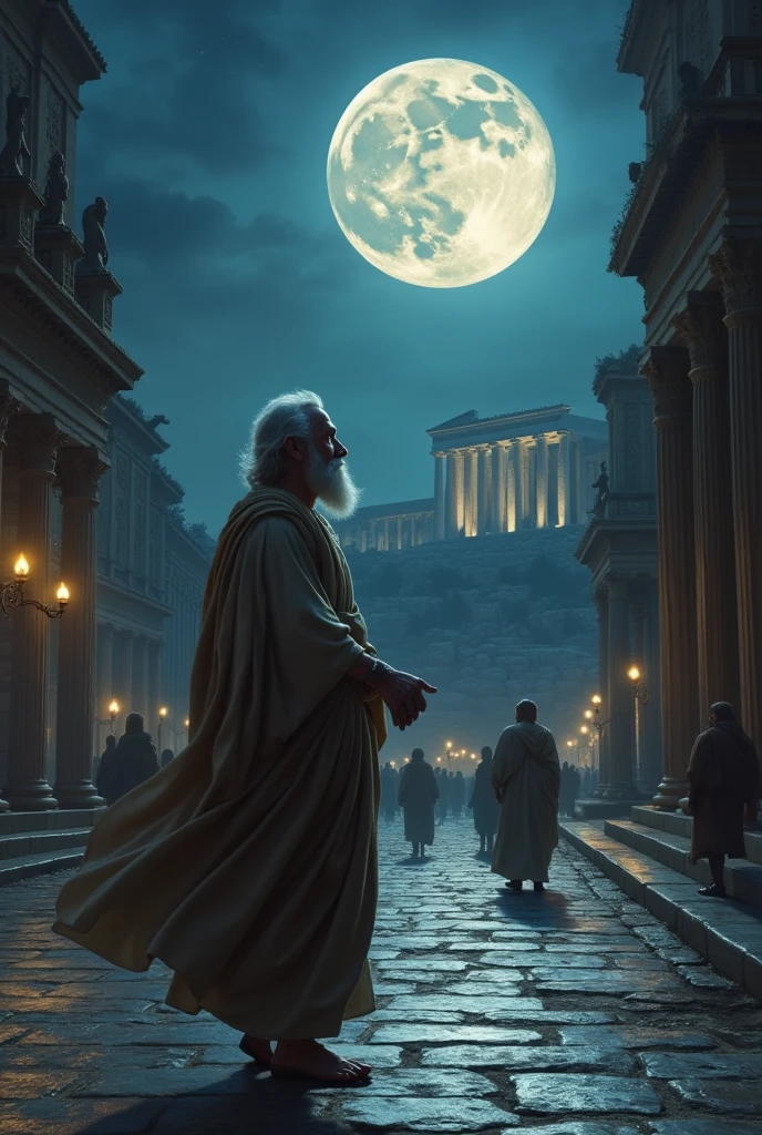 philosophe grec, antiquite qui regarde les etoiles, full moon, walking in the greek city athens