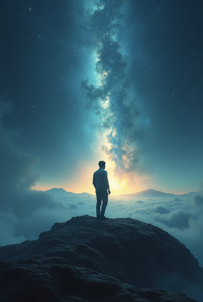 A man stands alone in the middle of the universe, but surprisingly.