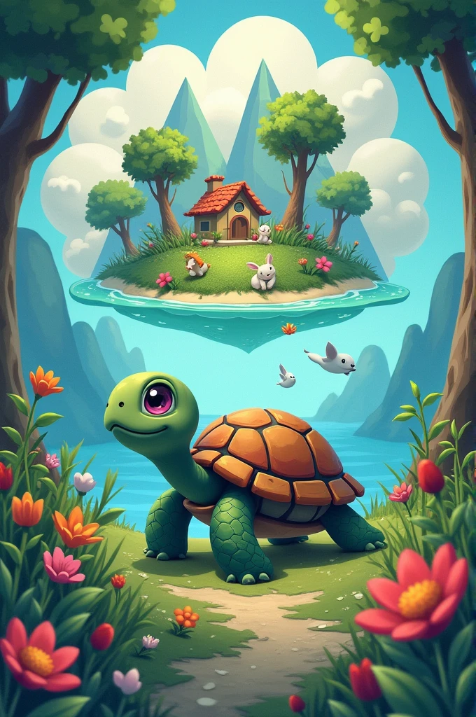 The turtle imagines itself on the beautiful island, surrounded by vibrant flowers, tall trees, and playful animals like birds and rabbits. A dream bubble shows the turtle smiling and exploring this paradise.