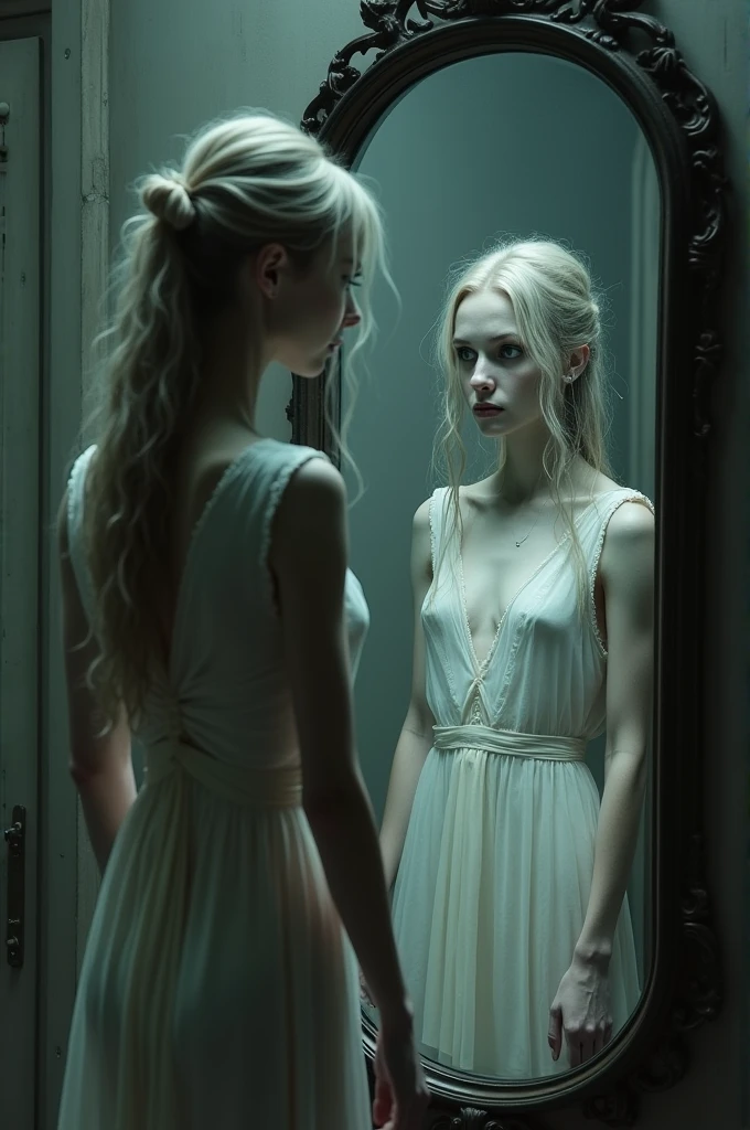 Woman with extremely thin body looking at herself in the mirror, with very beautiful reflection