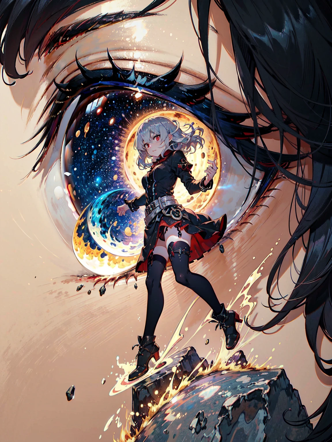 A 20-year-old girl with long silver hair down to her waist, red eyes, and a serious expression. She wears a black dress and tall black boots. Her skin is pale, and her lips are red. She exudes a dark aura. A shadowy monster lurks behind her. She stands in a combat stance, facing forward, with stones rising around her due to her power. The background is a starry night with a full moon in the distance, Ensure the moonlight casts dramatic shadows and highlights the silver sheen of her hair and the dark aura surrounding her, Emphasize the texture of the dress and boots, the glow of her red eyes, and the sharpness of the stones levitating around her, Create a contrast between the dark, ominous aura and the serene, starry sky, with the full moon providing a mystical ambiance, Capture the sense of power and tension in the scene, with the stones mid-air and the girl's stance suggesting imminent action.