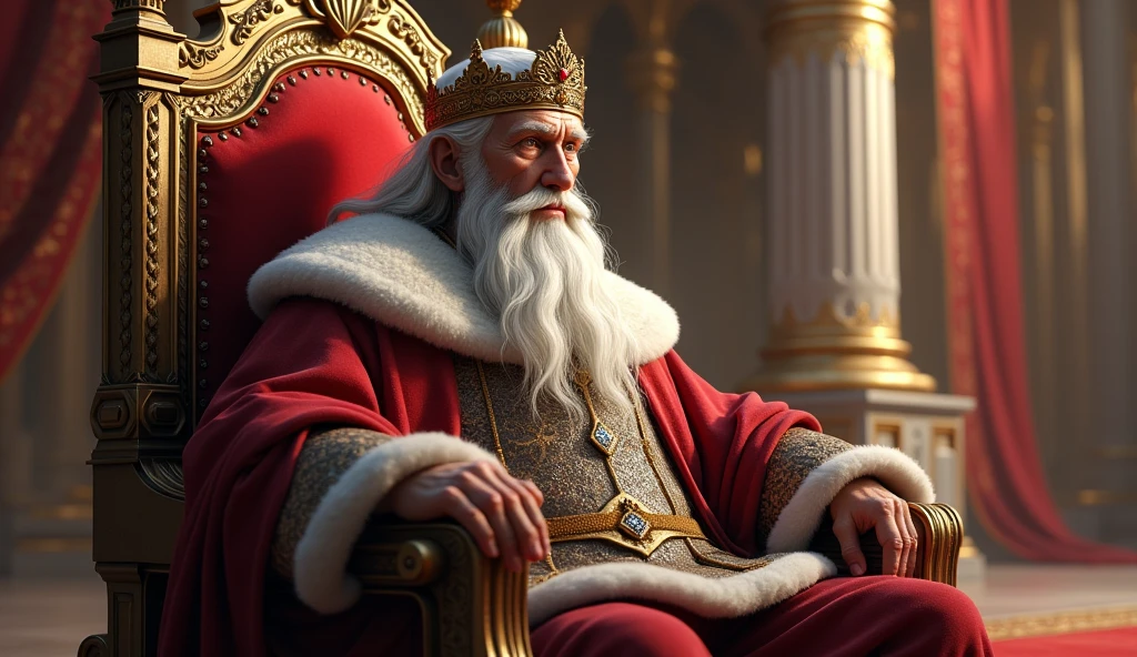 A king with white hair, a crown on his head, sitting on a throne And he thinks
