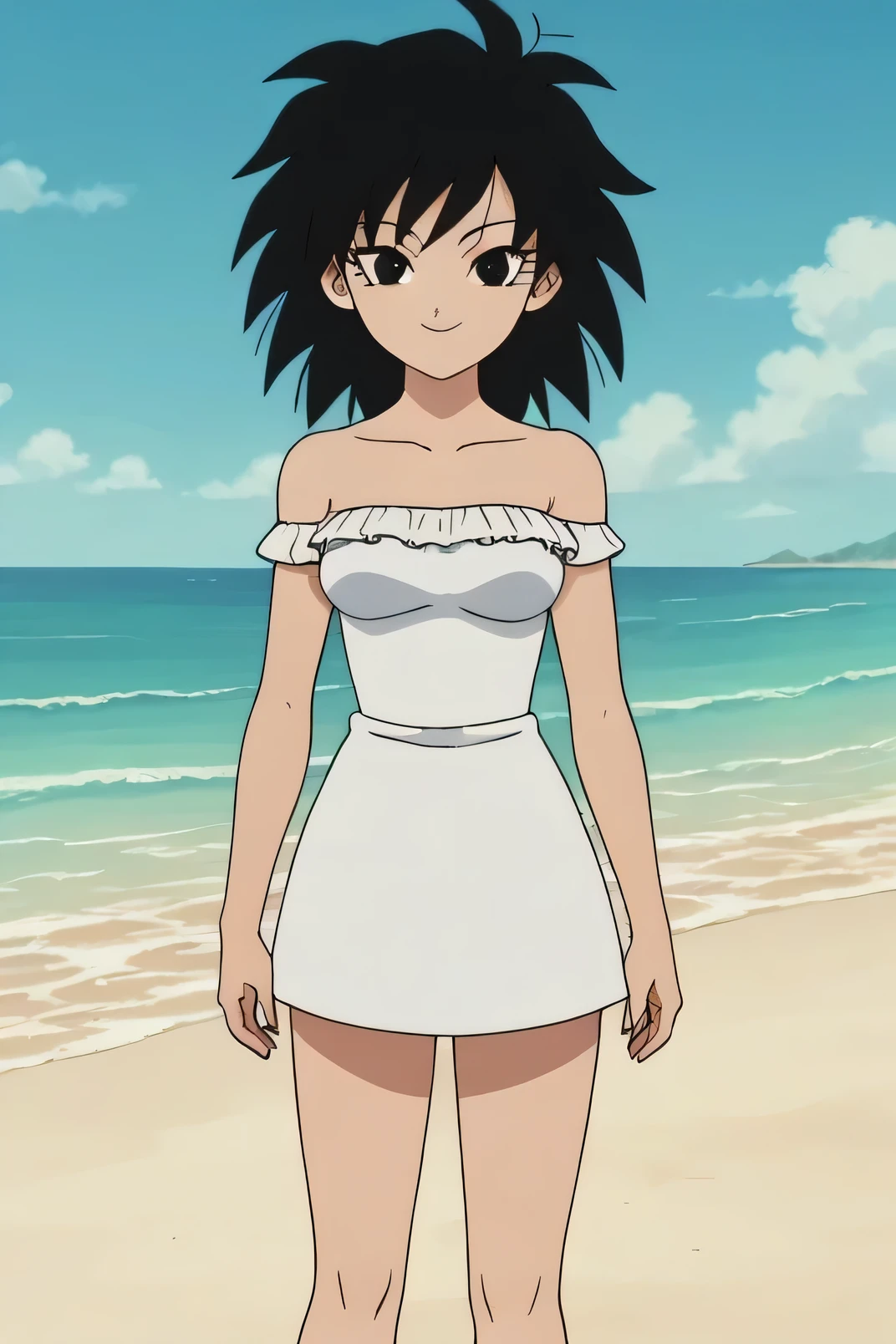 source_anime, score_9,score_8_up, score_7_up, ginedb, anime screencap, 1girl, solo, looking at viewer, smile, medium breasts, black hair, beach, ocean, bare shoulders, small breast, smile, standing, cowboy shot, medium hair, black eyes, spiked hair, eyelashes, masterpiece, best quality, very aesthetic, absurdres, strapless, white dress, white ruffle off the shoulder top, white maxi skirt, blue skies, street, standing, cowboy shot,