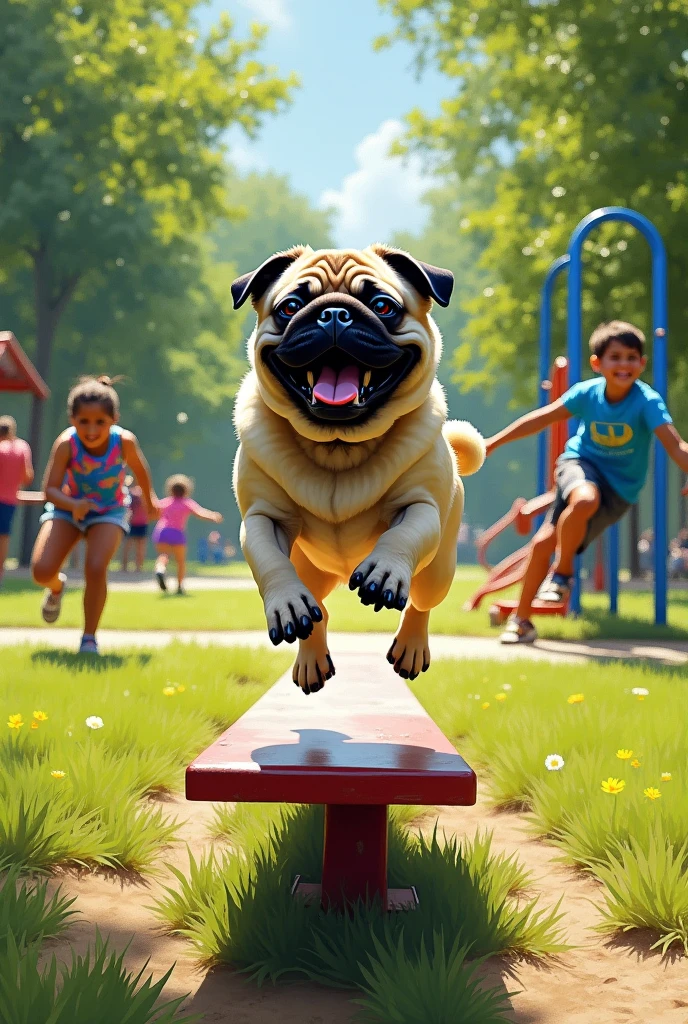 A photorealistic pug dog in a park made in oil painting with vibrant colors with impressionistic style jumping off a sea saw with children playing the background