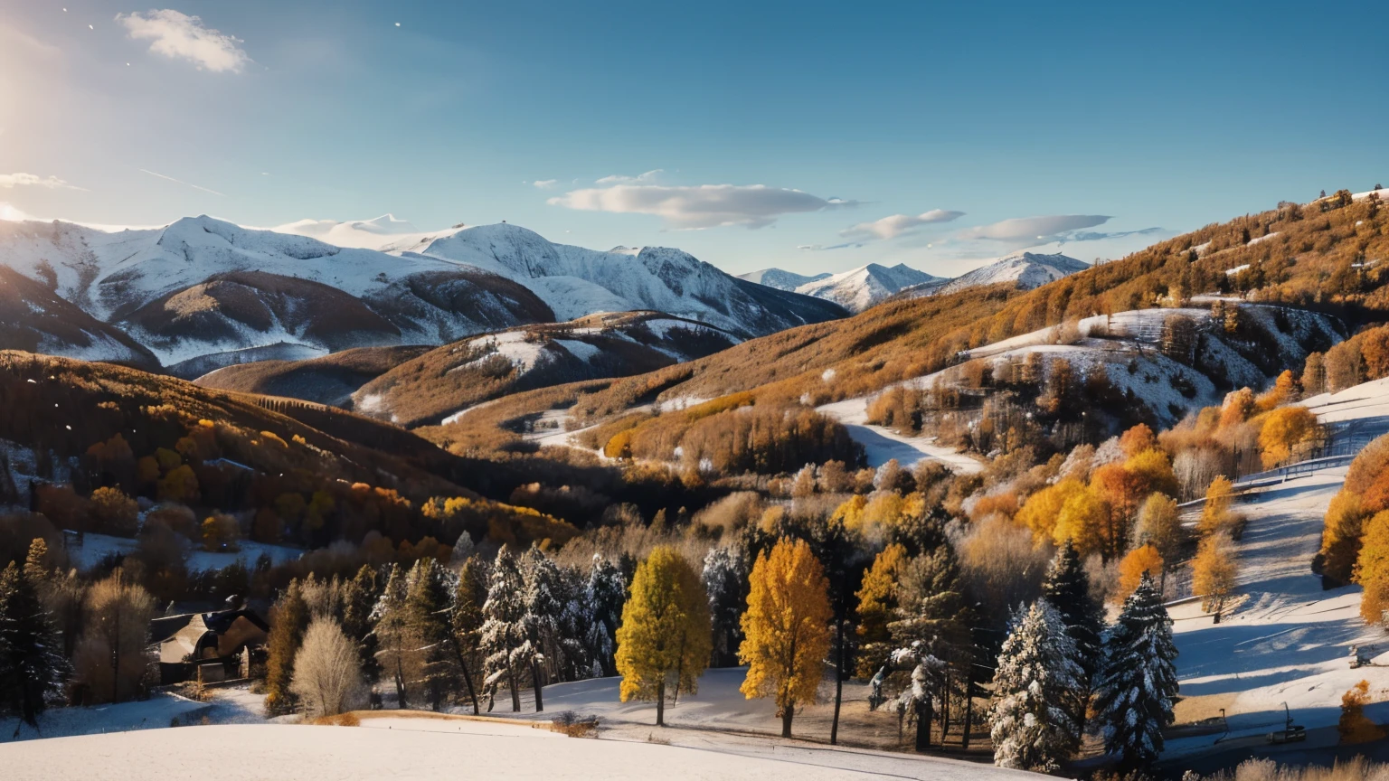 Create me a realistic 4k image of an autumn landscape with blends of a winter landscape