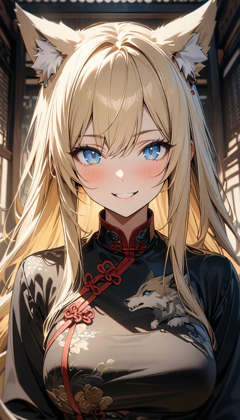 Adult girl, long blonde hair with white strands, blue eyes, wolf ears, black Chinese clothes, smile,, Masterpiece, best quality, Full HD, 8k, ultra details, great graphic