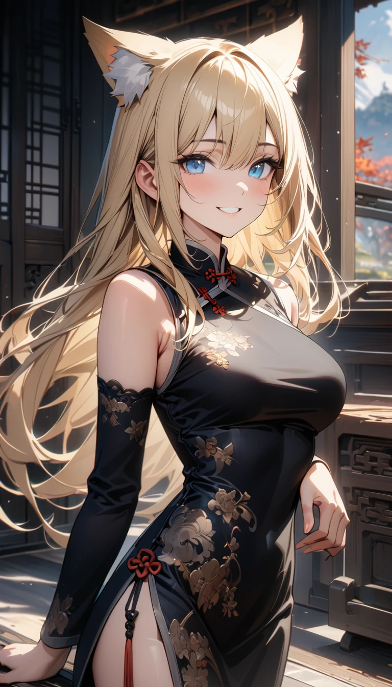 Adult girl, long blonde hair with white strands, blue eyes, wolf ears, black Chinese clothes, smile,, Masterpiece, best quality, Full HD, 8k, ultra details, great graphic