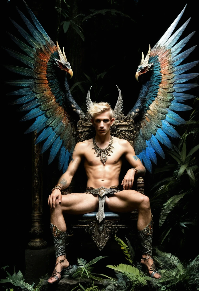Design me a {Colossal Masterpiece, realistic oil painting, best quality, by Gustave Moreau, chiaroscuro, iridescent, holographic}, terror dramatic portrait of a male high elf Garuda, blonde, elf ears, tattooed, ((his skin is jaundiced)). ((((displaying iridescent wings, reclined, sat on a throne in a jungle temple)))).