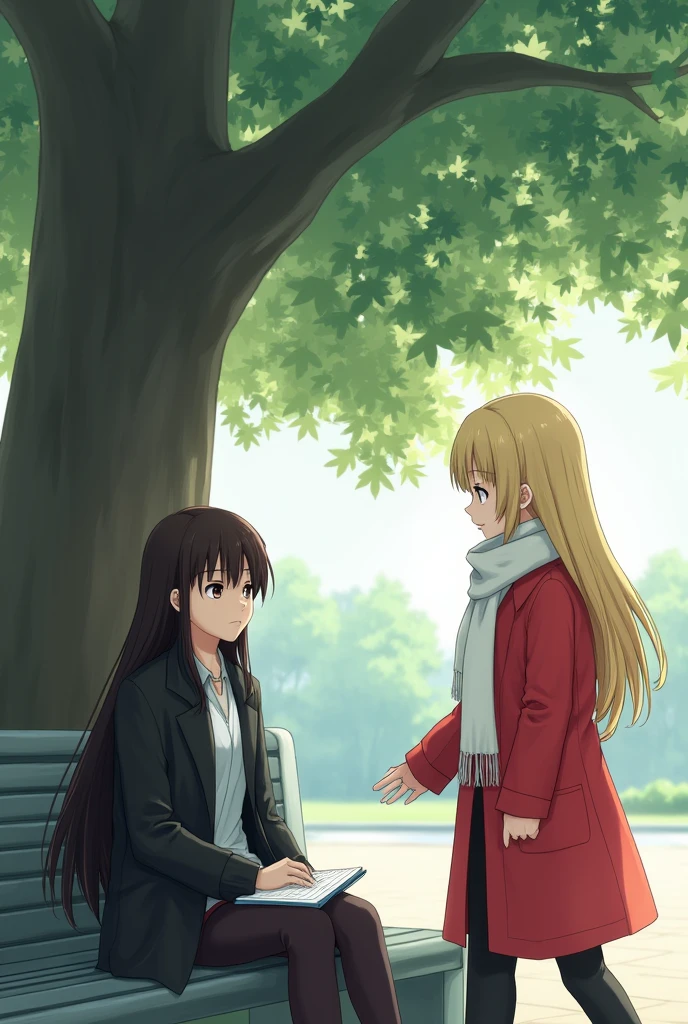 A young woman was sitting under a large tree in a public park. The young woman was wearing a black coat, her long dark brown hair covering her face. Beside her was a small notebook. She seemed to be concentrating on what was in the notebook, and a young woman wearing a bright red coat, a white scarf, and blonde hair greeted her.