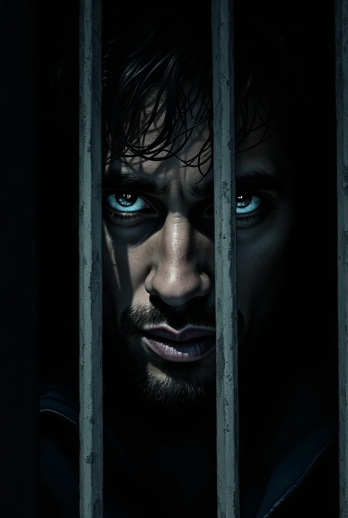 Make a book cover with a prison barred window with a male face behind it, make the barred smaller so only his eyes are visible and the background is black. 
