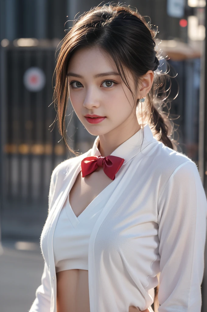 1 beautiful girl in Hanfu, ((very thin and soft white silk shirt)), platinum purple long ponytail, Jewelry, ear jewelry, necklace and necklace, carefully painted purple big eyes, carefully made up, thin eyebrows, high nose, beautiful red lips, no smile, pursed lips, rosy cheeks, wide chest, , well-proportioned breasts, slt, well-proportioned buttocks, black fiockings, Chinese Hanfu style, fictional art pattern, full of bright and realistic colors, RAW photo, realistic photo, 8k ultra-high quality surreal photo, (magic light effect effect: 1.8), 10x pixels, magic effect (Background): 1.8), super detailed eyes, full body portrait of the girl, standing in the rain, wet clothes hugging the body, revealing beautiful curves, dynamic posture, 1 Girl, Beautiful, Baby Face, 20 Years Old, White Skin, Pose, Big Breast, (The Front of The  is Open:1.3), Grey Eye, Muscles:1.3, Outdoor, Bokeh:1.1, Drill Hair, Tied Hair, ((Coloured Hair)), Open Mouth, (top quality、8k、masterpiece:1.3))、30-year-old Korean woman，sharp focus, High level of image quality, high resolution，facial focus，Portrait ID photo，Upper body photo。Draw lips correctly, red lipstick，wear white shirt，red bow tie，Green suit。wavy long hair，hair tied up，ponytail，Mature，charmingPink warm color bund，solid color background, masterpiece,best quality,high resolution,8k，Focus on the thighs and above,RAW photos,digital photography,(Sci-fi style female family),20 year old girl,Long ponytail hairstyle,through bangs,(purple eyes),(white hair),plump breasts,felling,Elegant and noble,Serious anderent,Open white coat,Black camisole bra,Rich details​,shut your mouth,show your belly button,intricate ornaments,Cyberpunk futuristic stylemale scholar),photo poses,White background,oc render reflection texture
