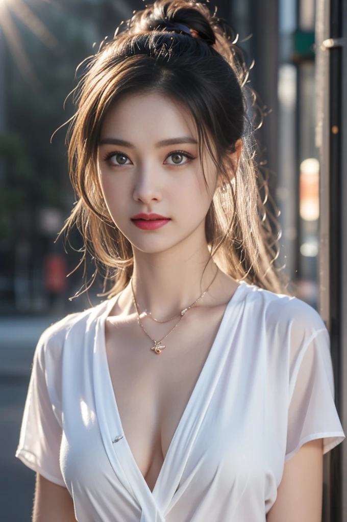 1 beautiful girl in Hanfu, ((very thin and soft white silk shirt)), platinum purple long ponytail, Jewelry, ear jewelry, necklace and necklace, carefully painted purple big eyes, carefully made up, thin eyebrows, high nose, beautiful red lips, no smile, pursed lips, rosy cheeks, wide chest, big breasts, well-proportioned breasts, slim waist, well-proportioned buttocks, black fishnet stockings, Chinese Hanfu style, fictional art pattern, full of bright and realistic colors, RAW photo, realistic photo, 8k ultra-high quality surreal photo, (magic light effect effect: 1.8), 10x pixels, magic effect (Background): 1.8), super detailed eyes, full body portrait of the girl, standing in the rain, wet clothes hugging the body, revealing beautiful curves, dynamic posture, 1 Girl, Beautiful, Baby Face, 20 Years Old, White Skin, Pose, Big Breast, (The Front of The Blouse is Open:1.3), Grey Eye, Muscles:1.3, Outdoor, Bokeh:1.1, Drill Hair, Tied Hair, ((Coloured Hair)), Open Mouth, (top quality、8k、masterpiece:1.3))、30-year-old Korean woman,sharp focus, High level of image quality, high resolution,facial focus,Portrait ID photo,Upper body photo。Draw lips correctly, red lipstick,wear white shirt,red bow tie,Green suit。wavy long hair,hair tied up,ponytail,Mature,charming smile,Pink warm color background,solid color background, masterpiece,best quality,high resolution,8k,Focus on the thighs and above,RAW photos,digital photography,(Sci-fi style female family),20 year old girl,Long ponytail hairstyle,through bangs,(purple eyes),(white hair),plump breasts,felling,Elegant and noble,Serious and indifferent,Open white coat,Black camisole bra,Rich details,shut your mouth,show your belly button,intricate ornaments,Cyberpunk futuristic style,(female scholar),photo poses,White background,oc render reflection texture