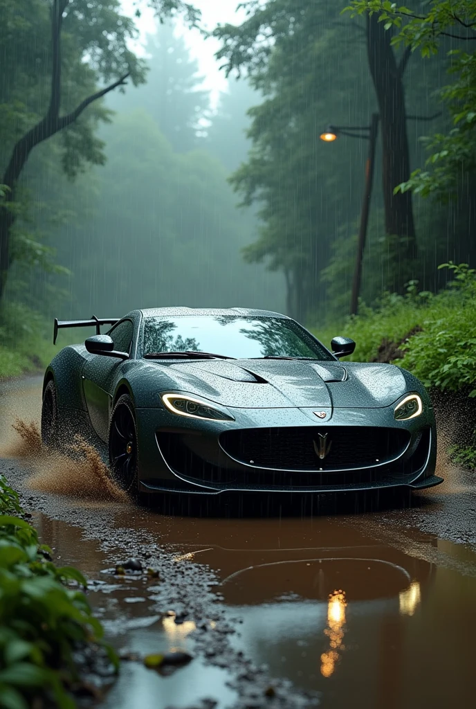 A  sport car in nature and rain
