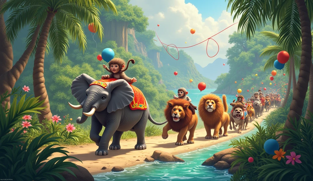 Create an AI-generated image of a lively animal parade in a vibrant jungle setting. Imagine elephants, lions, monkeys, and birds, all dancing joyfully together with colorful balloons and streamers decorating the scene. The animals are wearing playful costumes, and the atmosphere is filled with excitement and fun. The jungle is lush with towering trees, bright flowers, and a sparkling river in the background.