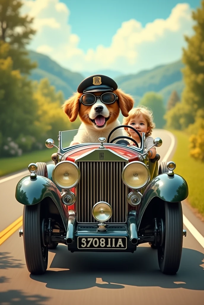 A dog driving rolls royce with a girl