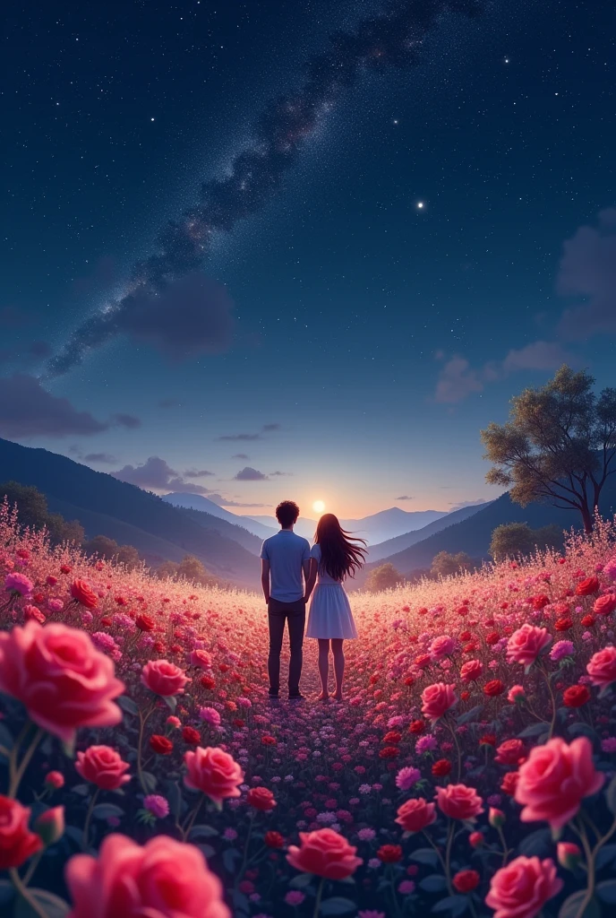 Field of roses and flowers with a starry sky two people looking and