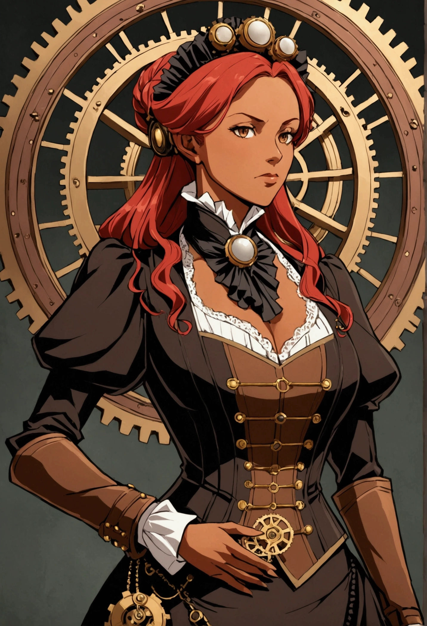 A middle-aged steampunk noblewoman from the Victorian era, with red hair and tanned skin, a core in her chest that serves as a catalyst for alchemy without the use of materials, and the clothes of a businesswoman full of gears, with a serious, but commands respect.