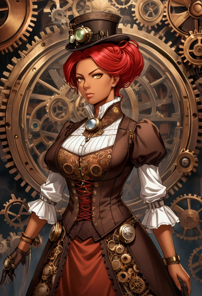 A middle-aged steampunk noblewoman from the Victorian era, with red hair and tanned skin, a core in her chest that serves as a catalyst for alchemy without the use of materials, and the clothes of a businesswoman full of gears, with a serious, but commands respect.