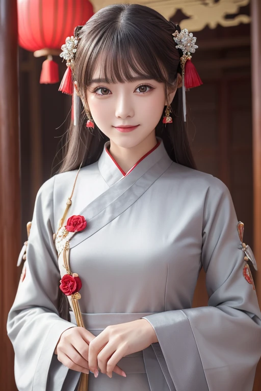 masterpiece, Highest quality, One girl, alone, Long Hair, View your viewers, smile, bangs, hair ornaments, Red eyes, Long sleeve, dress, Are standing, clavicle, Gray Hair, Grey Hair, Alternative costume, Wide sleeves, wood, Chinese clothing, hairpin, Hanfu, Ningguang City (Genshin Impact), Ningguang City,
