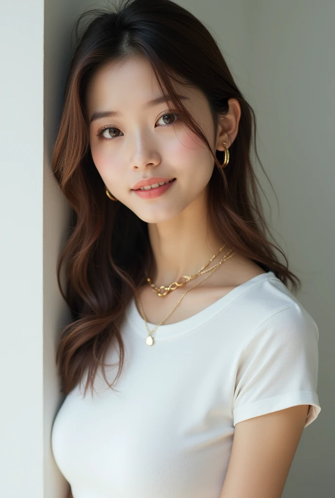 high resolution、A transparent Japanese woman、looking at the camera、body is angled、smile、Moist and shiny hair、Thready hair、cute、Brown Hair、Beautiful young woman who looks like a model、Leaning against a wall、Big eyes、Outline of an inverted triangle、face is slanted45Every time、Straight Hair、The tips are heavy、White crew neck half sleeve top、Hide your chest、Attractive features、Big eyes、Beautiful woman、hoop gold earrings、Long, diagonally swaying bangs、Beautiful like a celebrity、A trendy blunt hairstyle with little volume、Naturally flowing bangs、No bangs standing up、Smooth surface hair、Simple chain necklace、A fashionable atmosphere、A mature bob with less volume on top、The hair around the face falls smoothly onto the face.、Natural Makeup、Collarbone line hairstyle、サラサラの艶ありStraight Hair、Cohesive hair