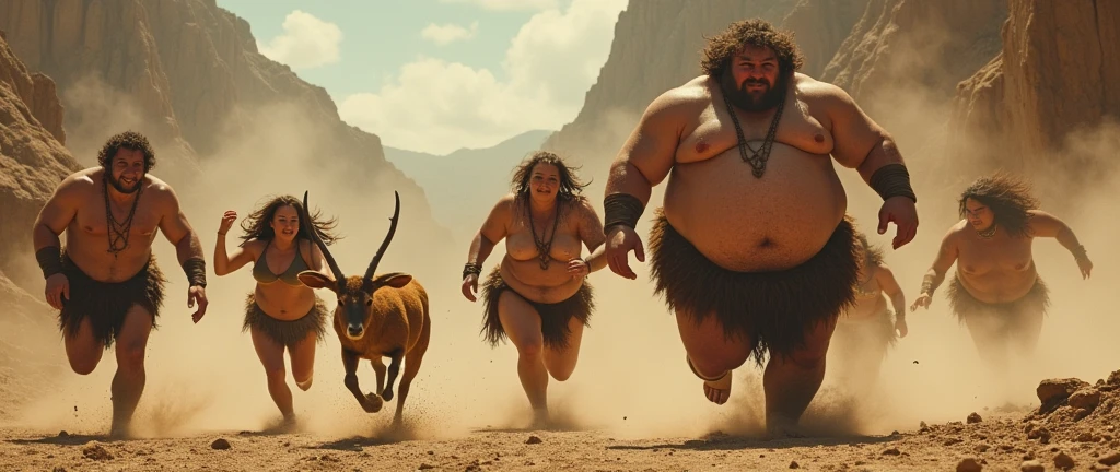 extremely fat cavemen trying to hunt a deer, they're running,men and women, fat women rolling on the floor, dust, lensflare effect, motion-blur, highly dynamic image, bare feet,highy detailed, epic and amazing scene,