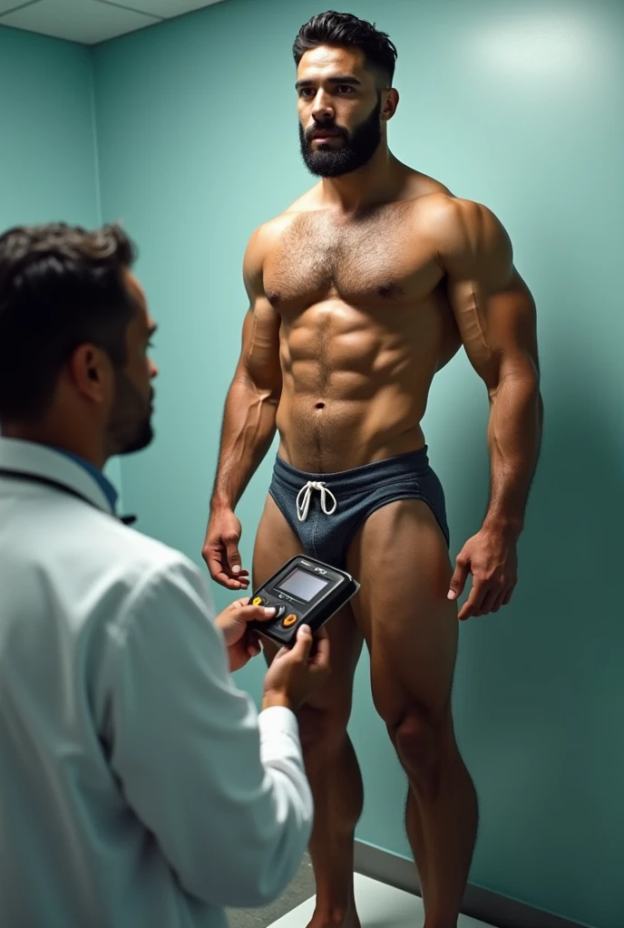 there is a young, hairy, bearded Puerto Rican man standing on a scale, ernest khalimov body, tall faces, athletic and beautiful, tall and muscular, incredibly strong and tall, Model posing, Mr. Universe, the perfect human male specimen, slightly muscular, Sébastien Chabal, quadris insanamente inflados, fairly muscular, absurdly muscular physique, absurdly huge physique, rubbery-looking body, Bulge, bulge. Doctor examining man.