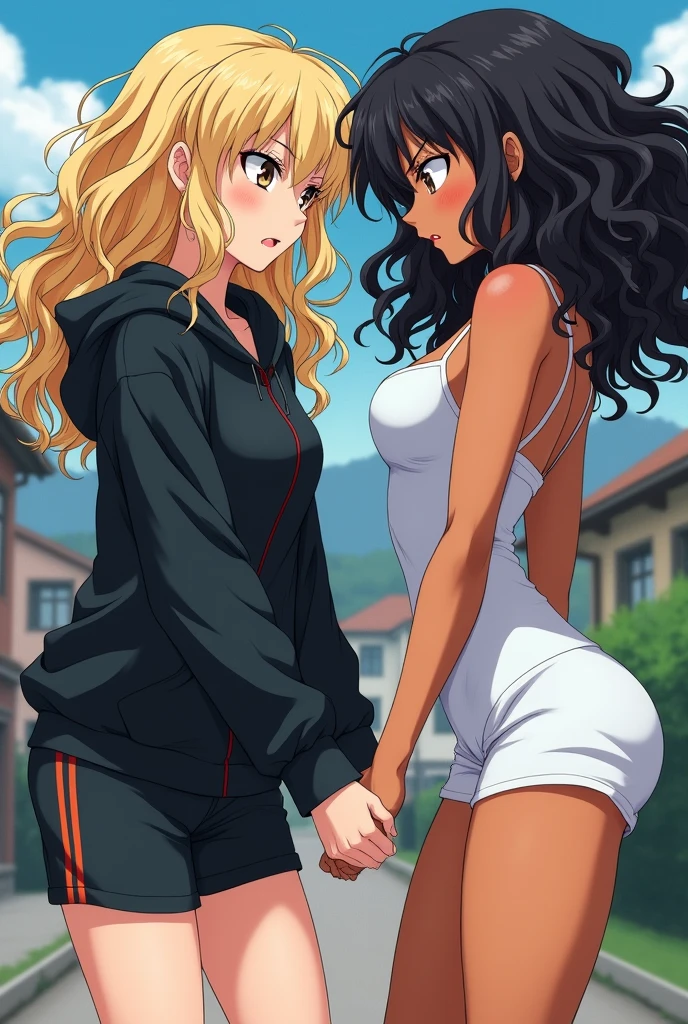 2 girl with long, disheveled curly blonde hair, Brown eyes, He is wearing a long black sweatshirt and short sports pants., He angrily holds by the hand a woman with curly black hair, medium length, tanned skin, She is wearing a short, low-cut white dress. The background is houses. anime style