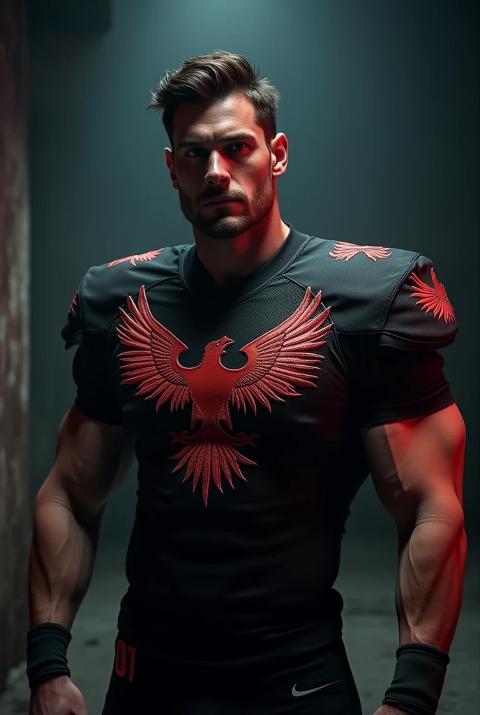 Hell-colored football shirt, dark color with an eagle on the chest, with a brunette on his stomach