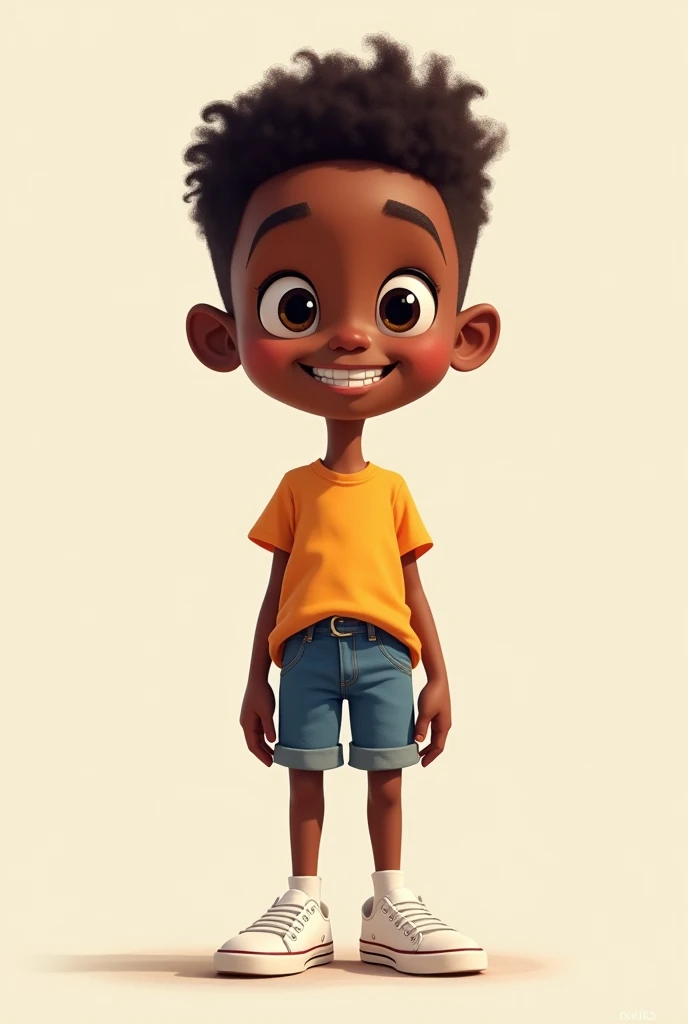 , dark skinned and thin, not tall and smiling, standing with a t-shirt and denim shorts and white Disney Pixar style sneakers