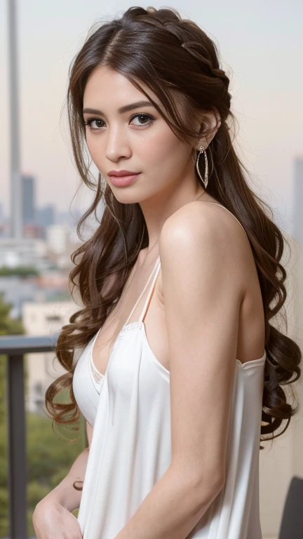 (best quality,4k,8k,highres,masterpiece:1.2),ultra-detailed,(realistic,photorealistic,photo-realistic:1.37), HDR,UHD,studio lighting,sharp focus,physically-based rendering,extreme detail description,professional,vivid colors,bokeh, portraits, dynamic posing, luxurious outdoor balcony, overlooking the cityscape, afternoon time, Slender, Light brown hair, small breasts, wearing a very loose night gown, Earrings, (((Trendy hairstyles)))