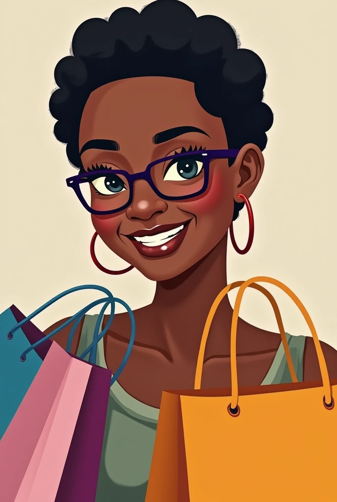 Portrait of an African woman, discreet clothing, shorth hair, with rectangular purple glasses, medium hoop earring, Grinning, winking an eye. Brown lipstick and discreet makeup, carrying shopping bags in hand.