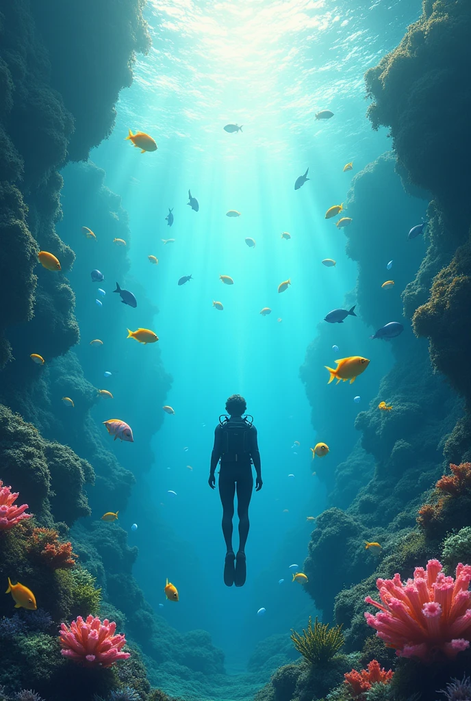A person under the ocean surrounded by the colourfull fishes and other aquatic organisms
