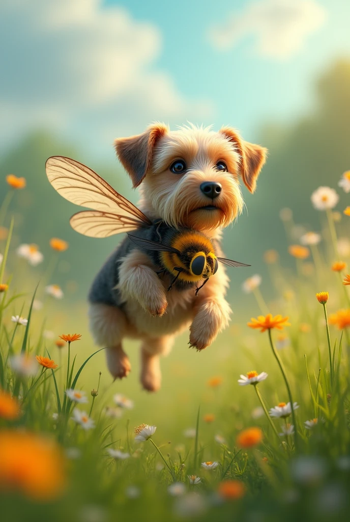 A squinting dog carried by a fly