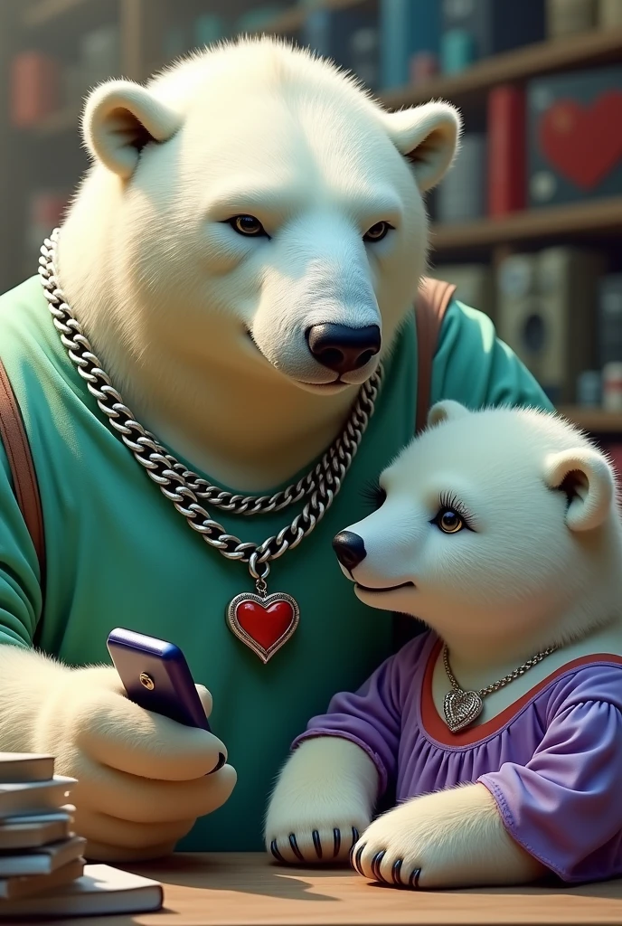 Large polar bear with silver chain, without eyelashes on his eyes, green shirt and a cell phone in his hand, polar bear with eyelashes, smaller with heart pendant, purple dress and a cell phone taking orders for various items in a store